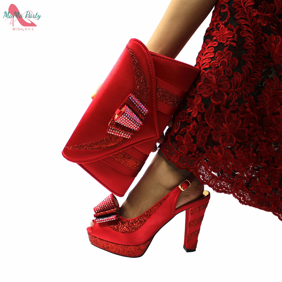 Fashion Pretty Peep Toe African Women Shoes Matching Bag Set in Silver Color Elegant Style Platform Sandals for Party