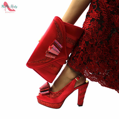 Fashion Pretty Peep Toe African Women Shoes Matching Bag Set in Silver Color Elegant Style Platform Sandals for Party