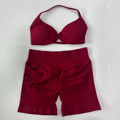 NO LOGO 2PCS Gym Set Women Strappy Yoga Bra Top High Waist Workout Scrunch Shorts Sports Suit Seamless Yoga Set Fitness Clothes