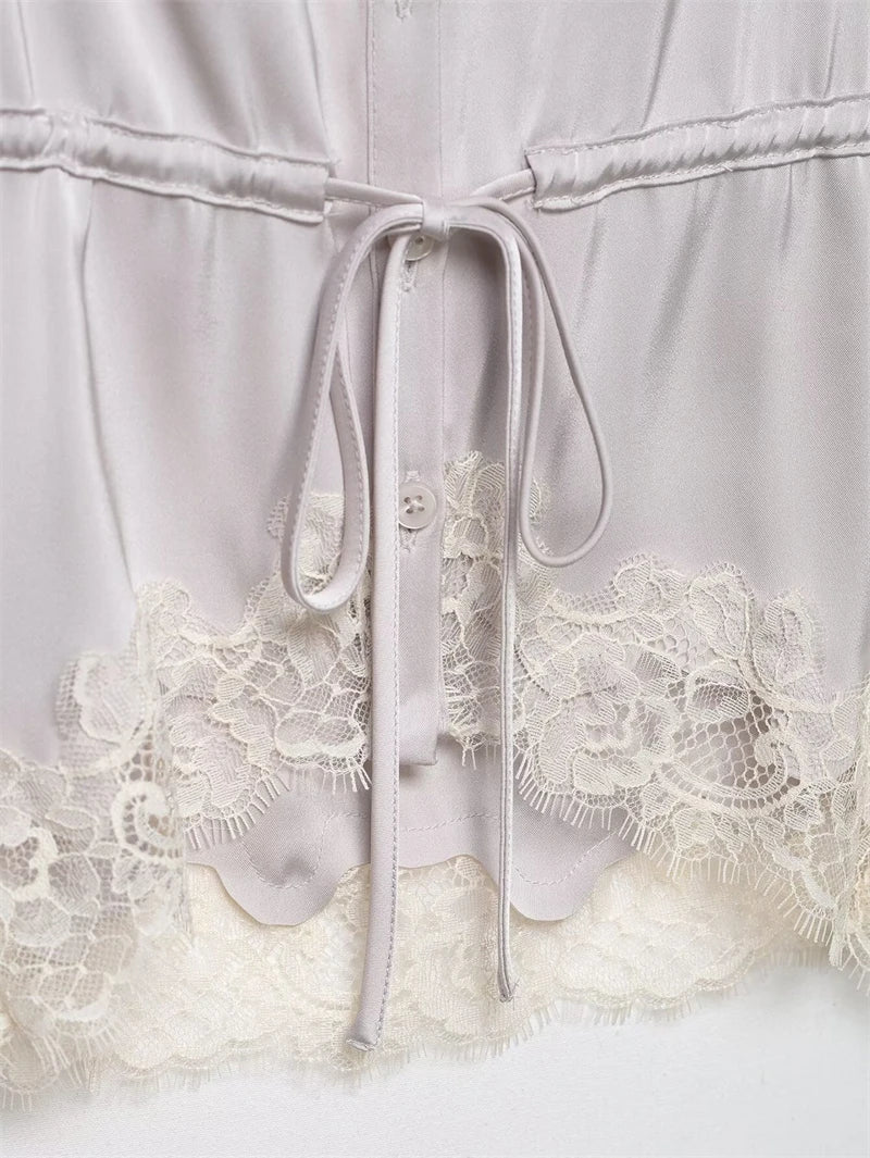 Women's Top 2026 New Spring Summer Lace Decoration Satin Textured Top for Women Chic Personality Female Spaghetti Strap Top