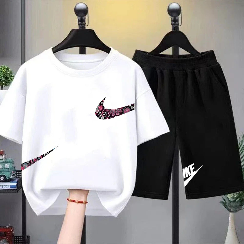 Print black white Short Sleeve Children's T-shirt Set Sports Fashion Boys Girls tops+Shorts Casual Kid new Summer Set