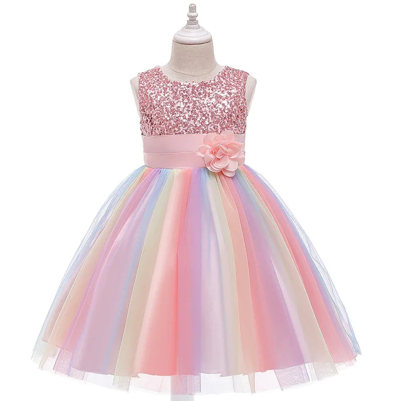 3-12T Sequins Girls  Perform Prom Dress Rainbow Little Princess Piano Banquet Formal Gala Clothes Wedding Sequins Evening Dress