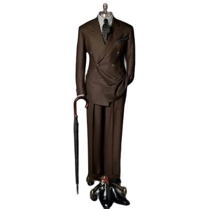 Brown Double Breasted Men Suit Gentlemen Peak Lapel Business Smart Casual 2 Piece Jacket Pants Male Clothing High Quality Blazer