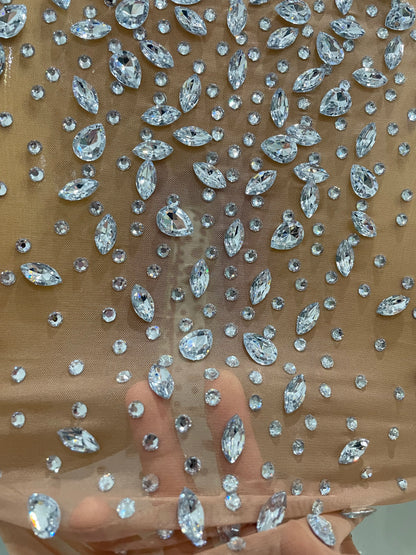 Shinny Rhinestone Stretch Mesh Transparent Long Dress 2025New Women Evening Birthday Party Prom Nightclub Singer Stage Wear