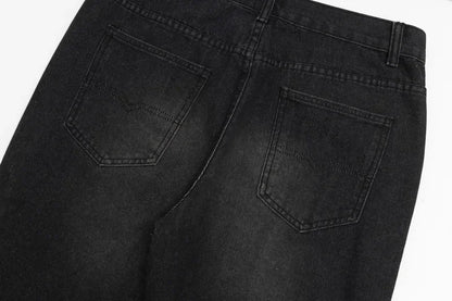 American retro washed letter spliced denim trousers high street trendy brand couple loose straight micro-flared long trousers