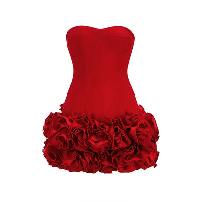Christmas Dress Strapless Backless Red Structured Floral Embellished Mini Length Bodycon Celebrity Party Cocktail Dress