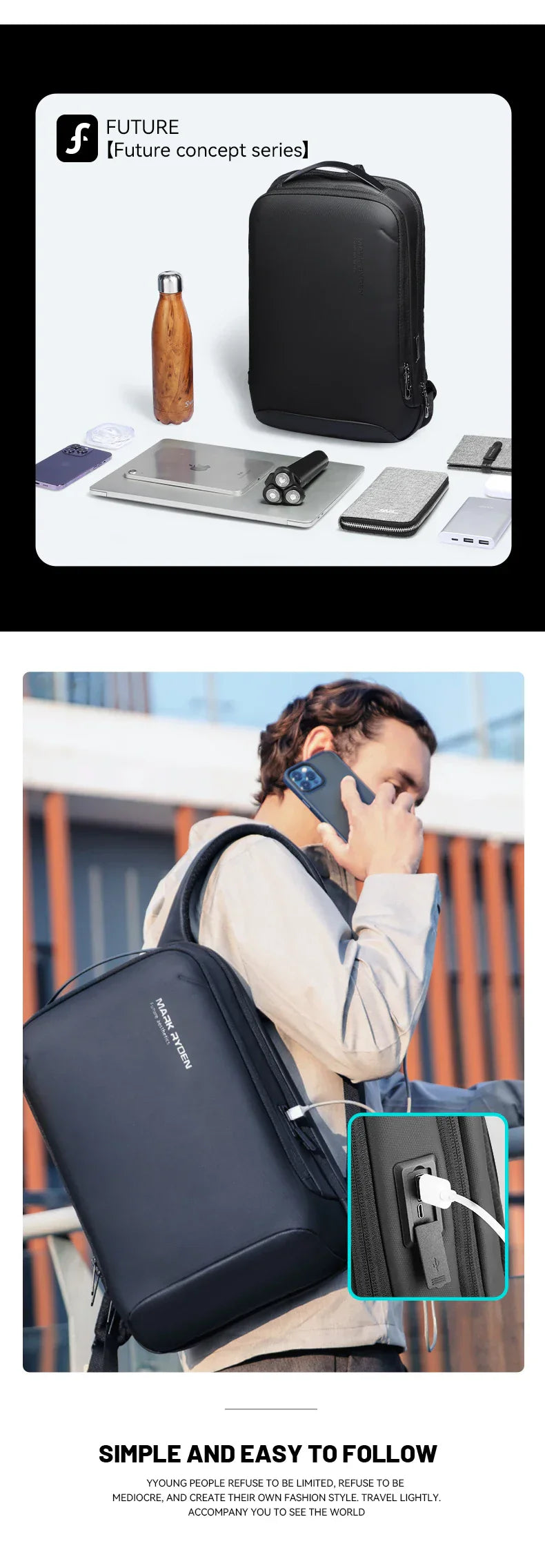 Slim Laptop Backpack for Men Business Minimalist Backpack YKK Zipper Scratch Resistant With USB