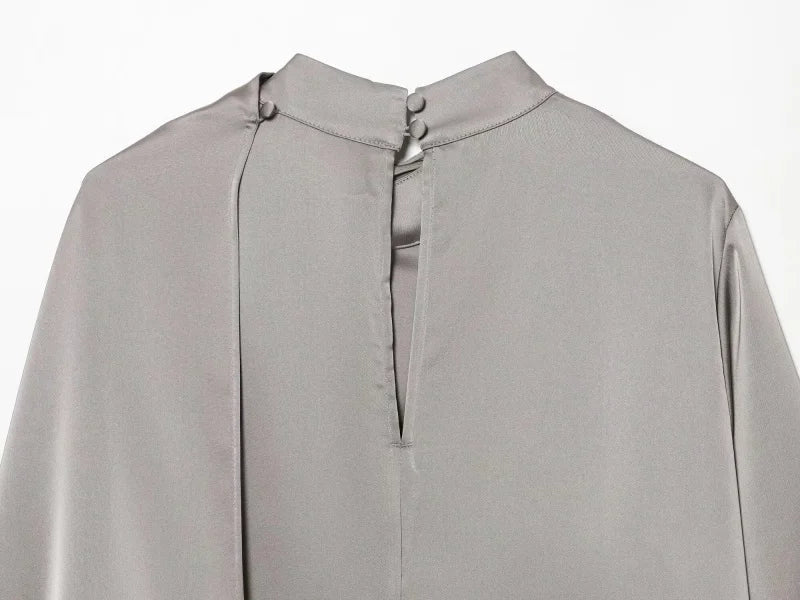 2026 Spring new women's elegant fashion shawl design satin drape top asymmetric wrinkled long-sleeved shirt