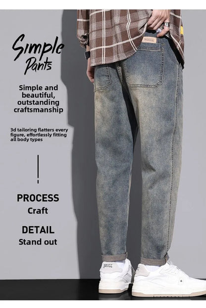 Retro American Style Men's Jeans Loose Fit Heavy Casual Slim Leg Cotton Pants Elastic Waist Korean Denim Jeans for Spring Autumn
