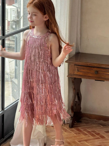 Vestido Infantil Meninas 2025 Verão Novo Moda Infantil Vestido de Borla Brilhante de Luxo Vestido de Aniversário para Meninas