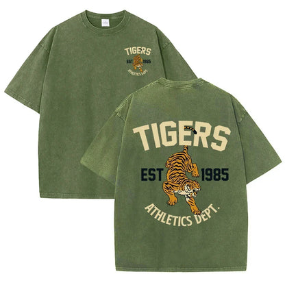Stronger Tiger Sport Print Wash T Shirt Woman Summer Comfortable Washed Tee Casual Shortwear Soft Cotton Unisex Clothes