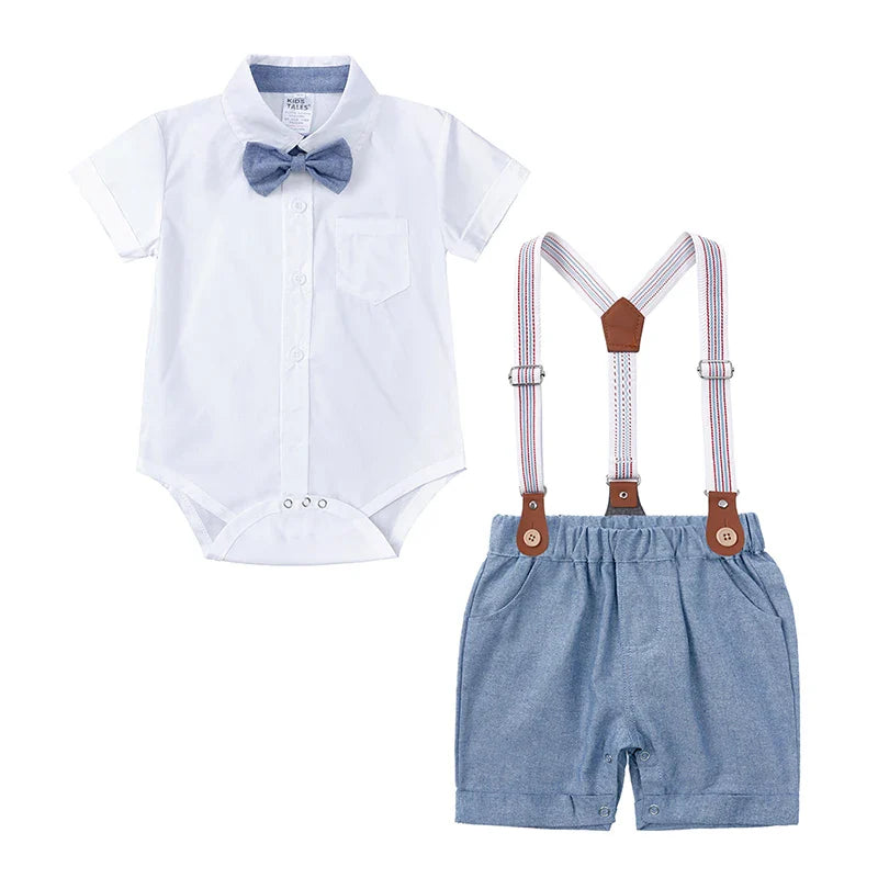 Infant Baby Boy Formal Outfit Newborn Gentleman Clothes Toddler Suit Set Short Sleeve Romper Shirt+Pants+BowTie+Suspender Shorts