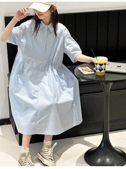 Girls' Dress Short Sleeve Fluffy High-End School Style Medium to Large Sizes Trendy Fashionable, Lightweight