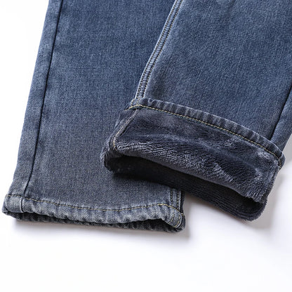 2025 Winter Fleece Jeans Men's Fashion Elastic Slim Straight Warm Trousers Thicken Business Casual Korean Thermal Denim Pants