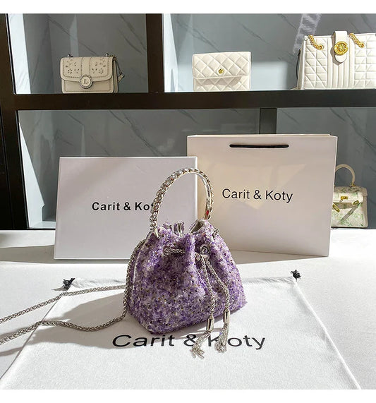 Luxury Designer Purple Stones Evening Clutch Bag Wedding Party Bucket Purse Metal Handle Women's Handbag Shoulder Messenger Bag