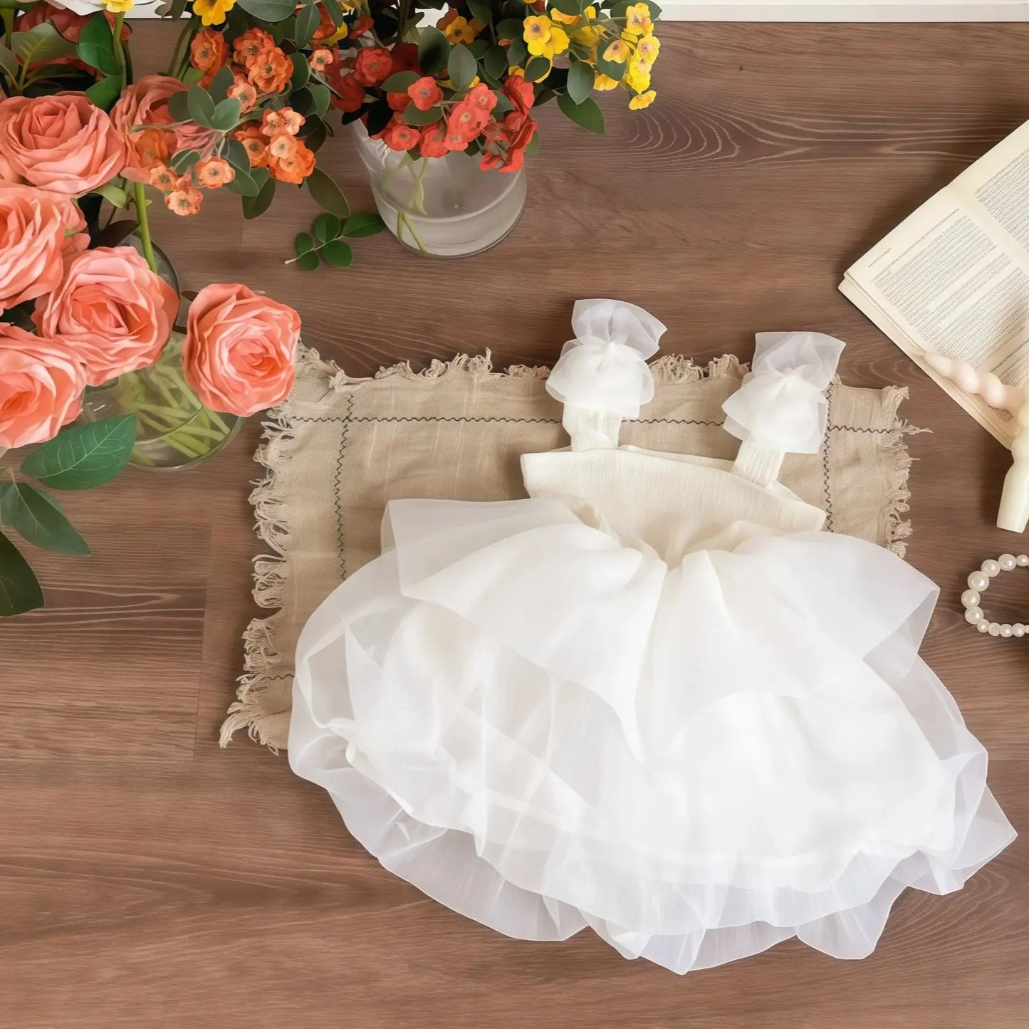 Summer White Bow Strap Princess Party Layered Dress Baby Clothes For Kids Birthday Skirt Toddler Girls Baptism Elegant Dress