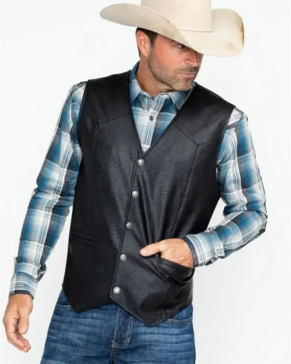 Men Soft 100% Leather Vest Snap Western Mens Gift Holiday Attire Informal Biker