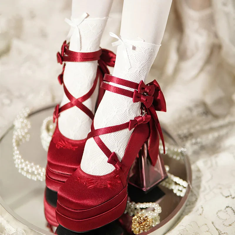 Original Lolita Red High Heels Women's Sweet Elegant Bow Velvet Mary Jane Shoes Ladies Birthday Party Cos Platform Shoes Spring