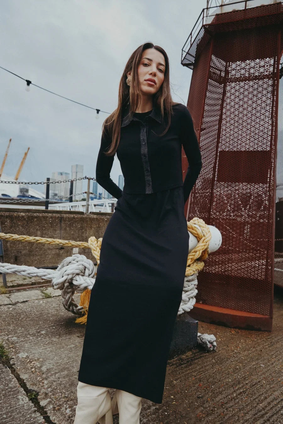 ribbing cardigan with denim collar + sleeveless maxi dress matching set for woman clothes