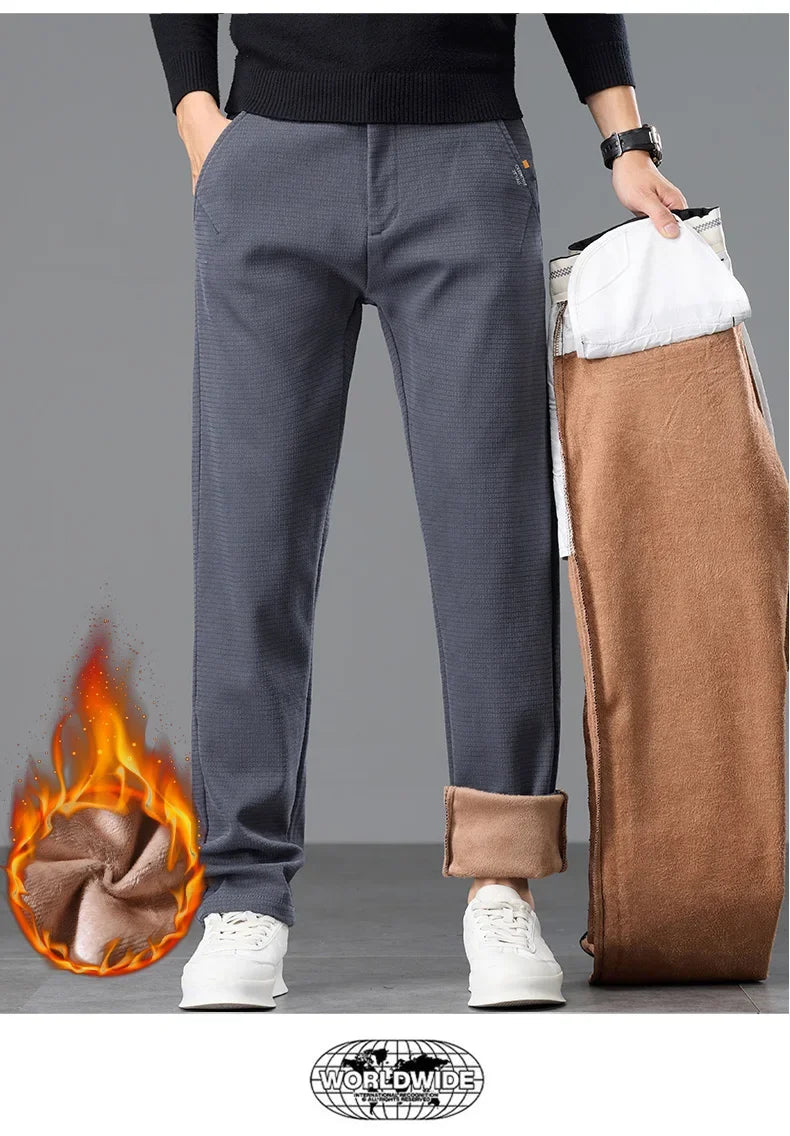 Fleece Men's Casual Pants 2025 Winter New Soft Fashion Business Velvet Slim Trousers Stretch Thick Classic Plush Male Pants