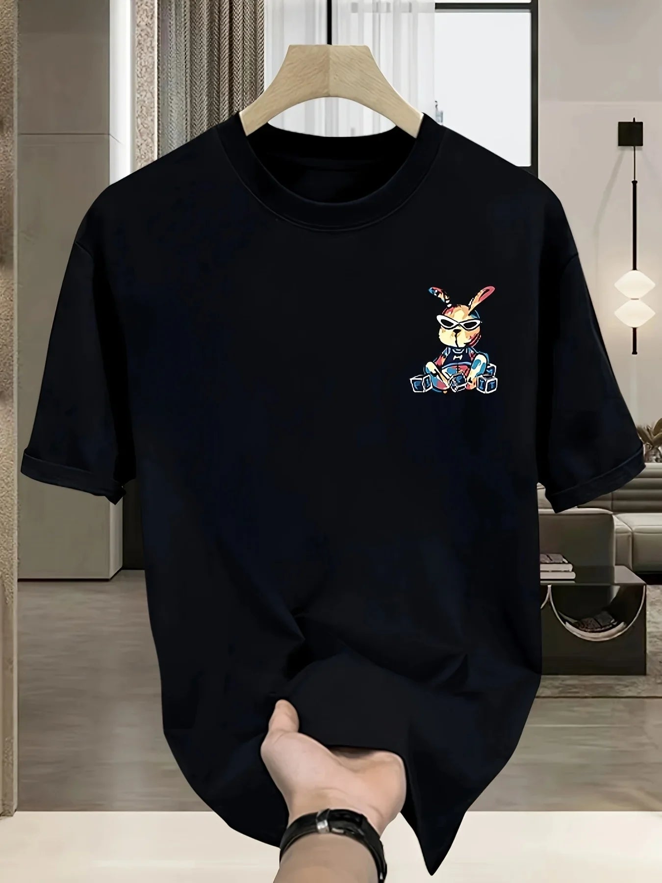 Men's summer 100% pure cotton fashionable casual loose black rabbit cartoon pattern printed round neck short sleeved T-shirt top