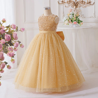 Vestidos de Festa de Daminha de Verão com Lantejoulas para Meninas Elegante Laço Vestido de Aniversário de Casamento para Meninas Baile de Formatura Gala Concurso Noite Roupa Infantil