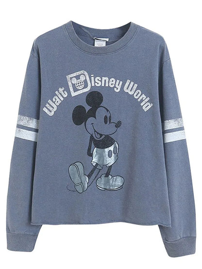 Retro Distressed Sweatshirt Women Mickey Mouse Casual Pullover Tops O Neck Long Sleeve Jumper Streetwear