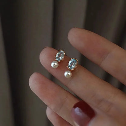 925 Sterling Silver Blue Zircon Pearl Stud Earrings for Women Korean Simple Temperament Jewelry Accessories