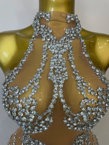 Rhinestones Sexy Mesh See Through Dress Party Evening Prom Celebrate Birthday Dress Singer Dancer Show Stage Wear