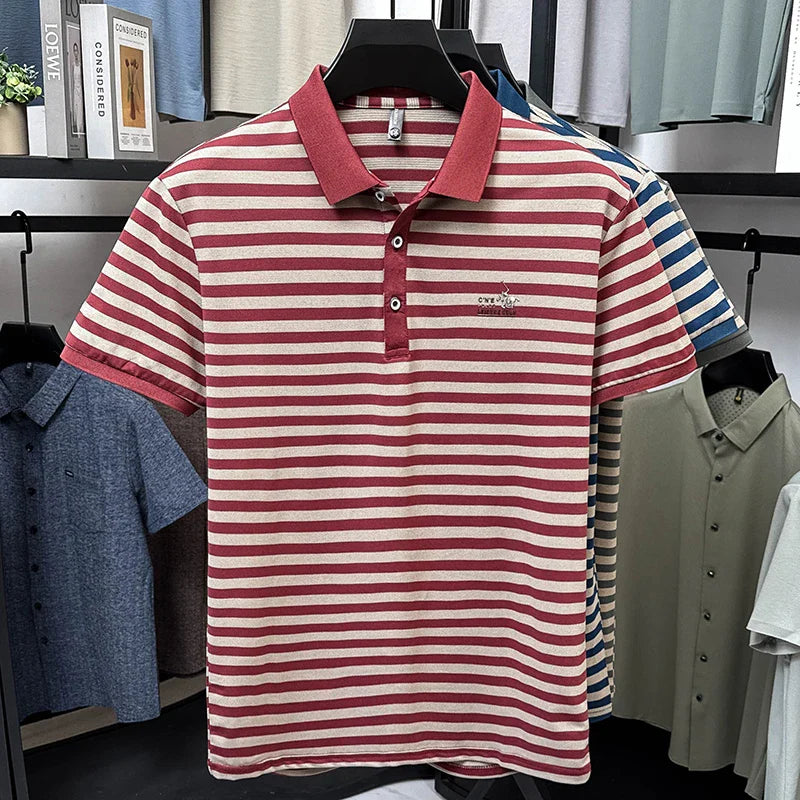 Summer High End Man Polo Shirt Striped Lapel Short Sleeve Horse Lette Print New Breathable T-Shirt Classic Commuter Menswear Top