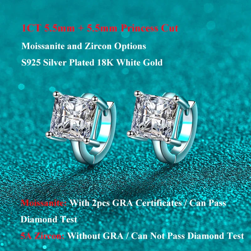 Princess Cut 1CT 2CT D Color Small Moissanite Hoop Earrings For Women s925 Silver Plated 18k Hook Earring Ear Buckle Gift