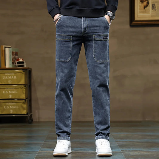 Versatile Six-Pocket Design Jeans Men's Loose Straight Leg Pants Stretchy Comfortable for Outdoor Hiking Activities All Seasons