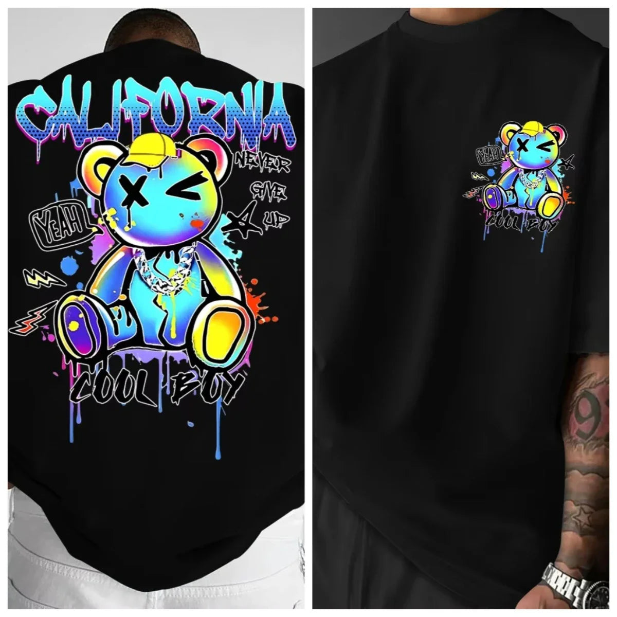 Summer 2026 New California Bear and Lightning Bolt Men's T-shirt Fashion Hot Selling Men's and Women's Round-neck Print T-shirt