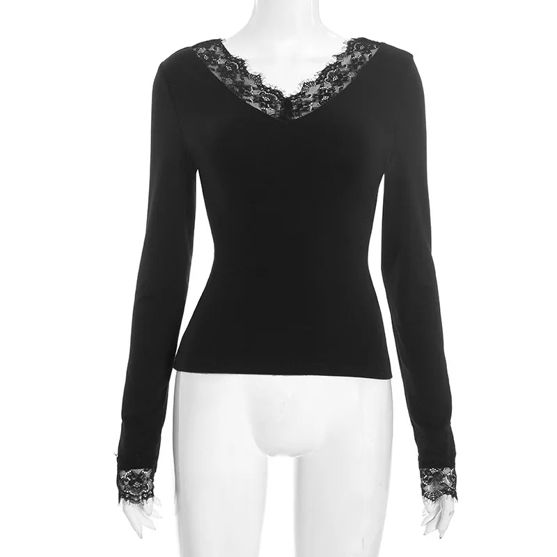 V neck Lace T shirt Top Women Sexy Navel Exposed Pullover Fashion Splice Hot Girl Club Party Top Autumn New Lady T shirt