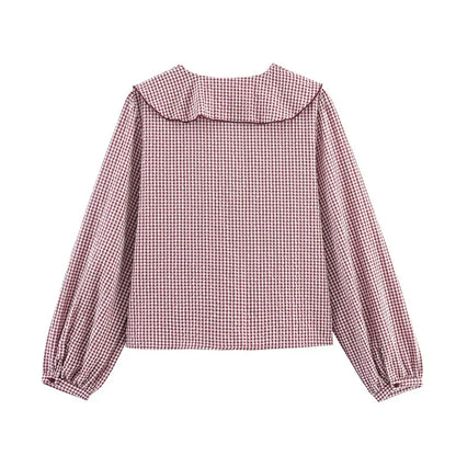 Elegant Fashion Chidori Plaid Ruffles Chiffon Shirt Spring 2025 Ruffled Neck Long Butterfly Sleeve Loose Tops Women's Clothing