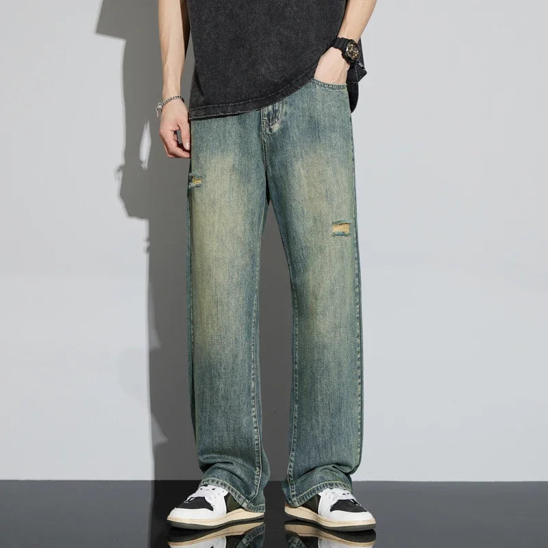 Korea Baggy Jeans Men's Vintage Straight Ripped Y2k Pants Fashion Frayed High Street Distressed Denim Trousers Male Clothes