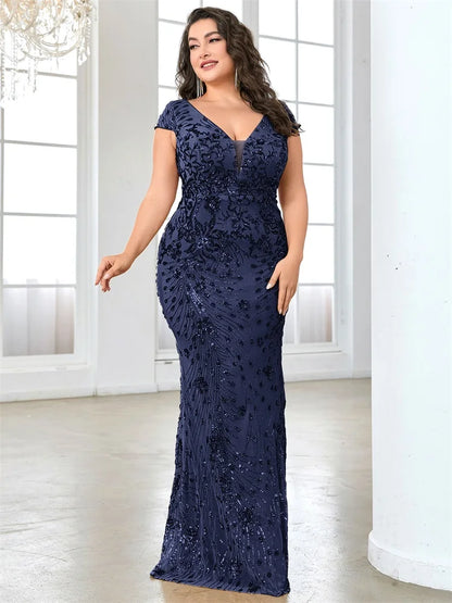 Vestidos de Noite Elegantes Rosa Plus Size com Decote em V e Lantejoulas até o Chão, com Manga Curta, para Madrinhas, Festas e Coquetéis