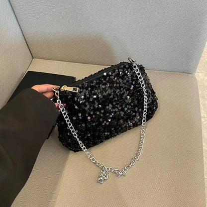 Solid Color Sequins Crossbody Bag Simple Chain INS Small Square Bag Handbag Underarm Bag Evening Clutch Bag Female