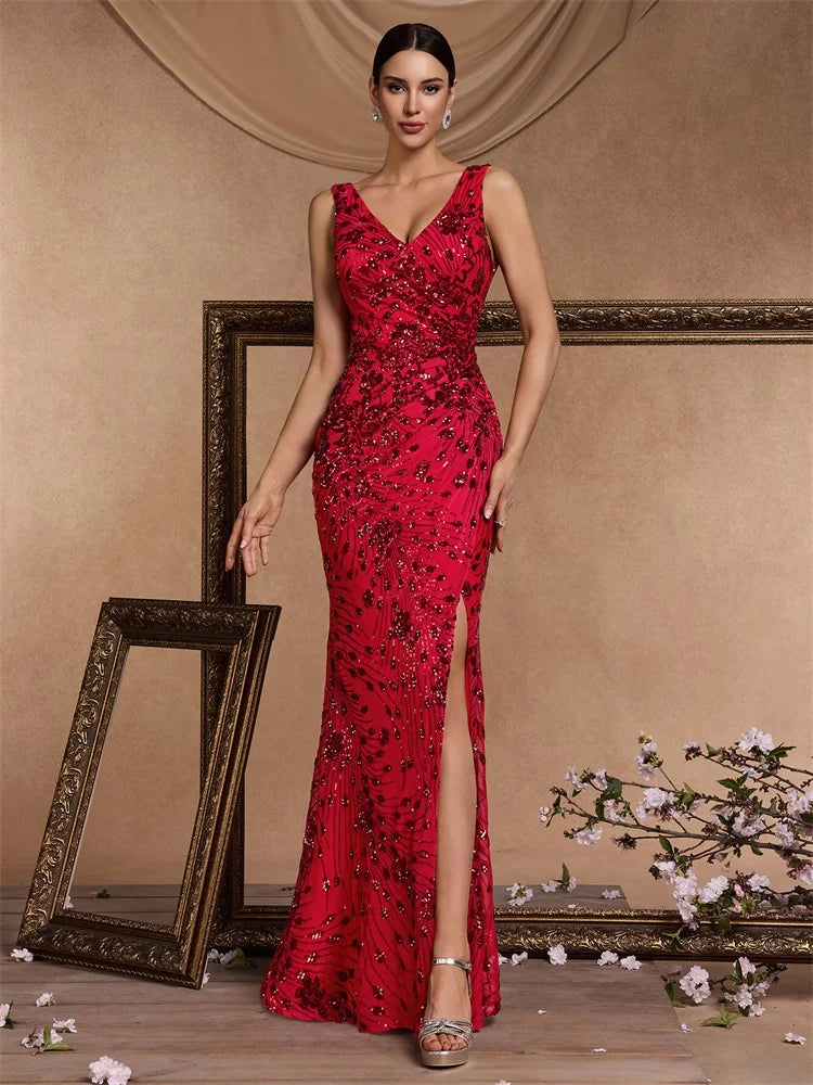 Elegant Slit Evening Dresses Women Long Mermaid Formal Sequins Sexy V-neck Caicktail Wedding Party Prom Gowns