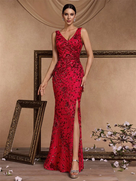 Elegant Slit Evening Dresses Women Long Mermaid Formal Sequins Sexy V-neck Caicktail Wedding Party Prom Gowns