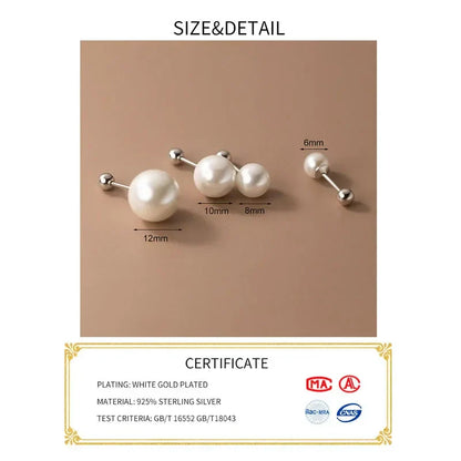 Real 925 Sterling Silver Geometric Round Bead 6/8/10/12mm Pearl Stud Earrings For Women TRENDY Fine Jewelry Accessories