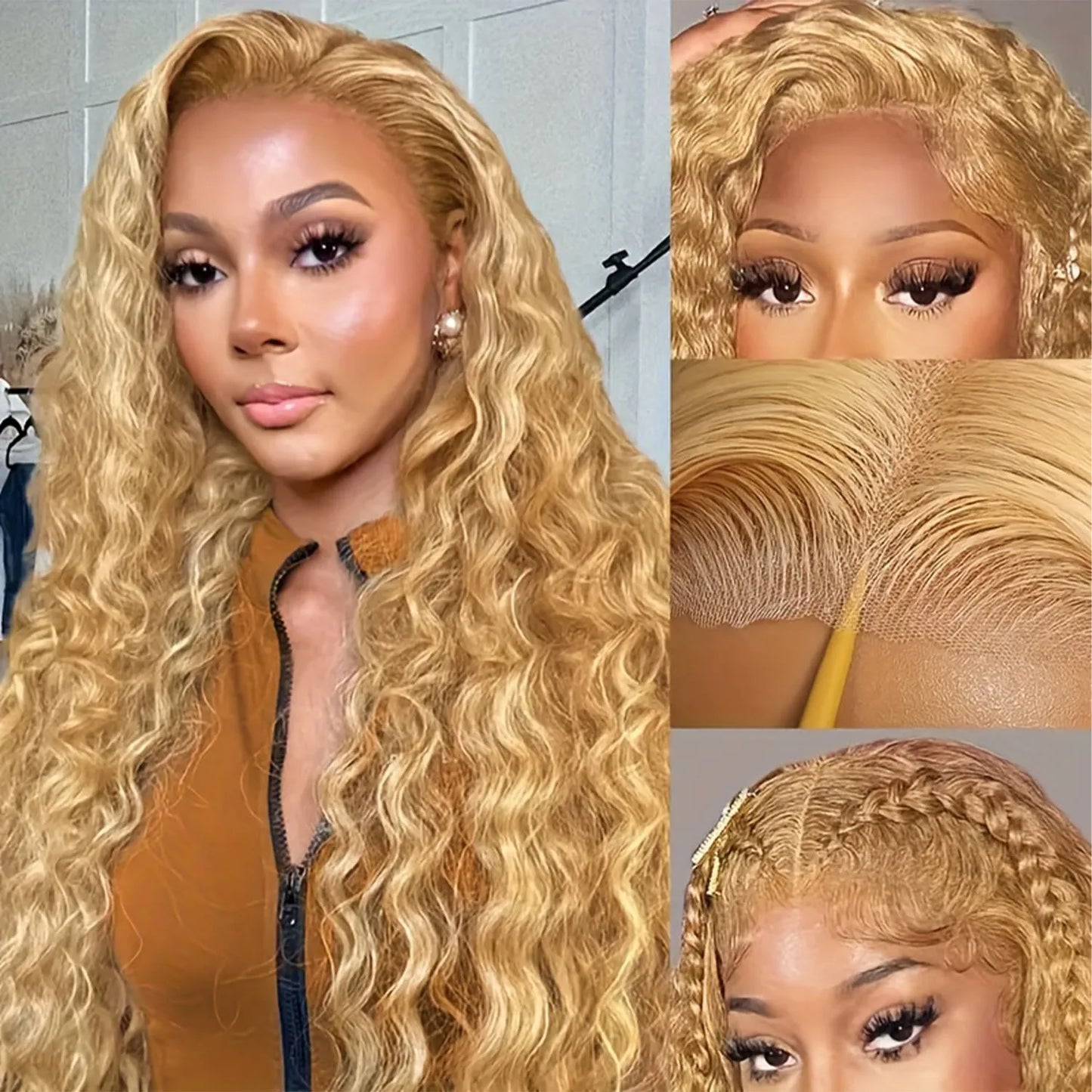 38Inch 13x6 HD Transparent Lace Front Wig Human Hair #27 Deep Wave Pre Plucked 200% Density Honey Blonde Curly Wig For Women
