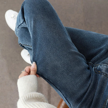 Calças Jeans Femininas de Inverno Quentes de Lã Retrô Elásticas Grossas Confortáveis Retas Modernas Coreanas Casuais de Veludo Denim