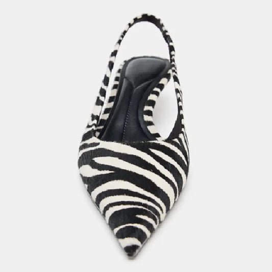 Stylish Zebra Print Design High Heels for Women Sexy Pointed Toe Kitten Heels Sandals Comfortable Street Style Slingback Shoes