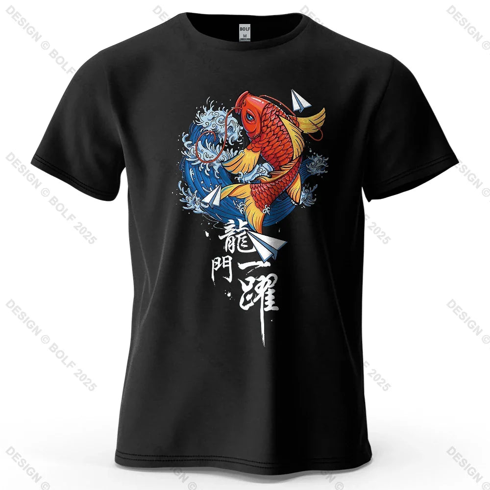 Dragon Gate Leap Printed Men's T-Shirt 100% Cotton Oversized Carp Good Luck Graphic Tees for Women Tops Tees Streetwear
