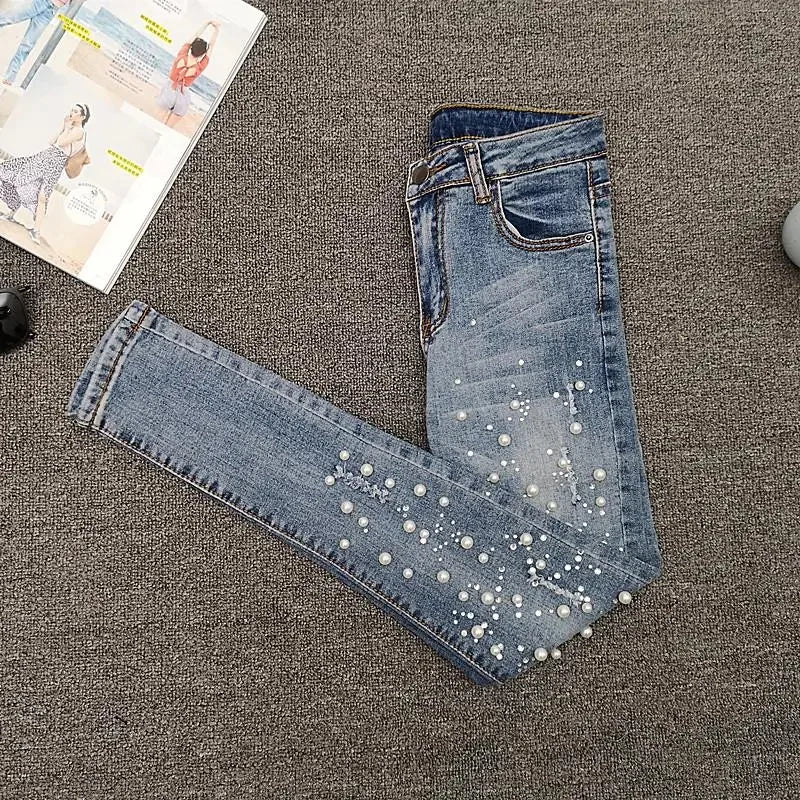 Nailed Bead Jeans Women Spring/Summer New Versatile Hole Breaking Elastic Skinny Pencil Pants Female Casual Denim Pants