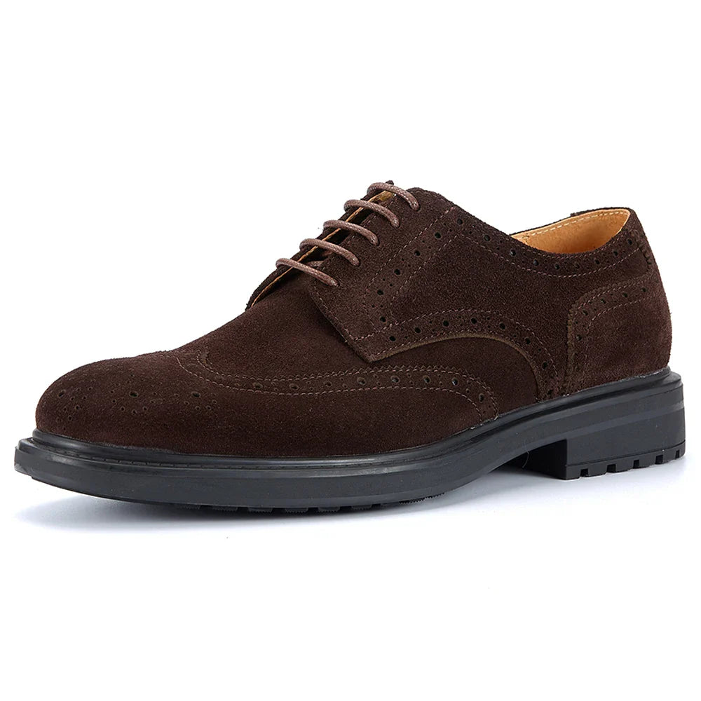 Men's Brogue Suede Leather Shoes, Handmade Carved Lace-up Derby Oxfords, Premium Cow Suede Upper Formal Business Casual Footwear