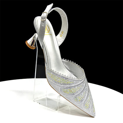 New Green Colour Pointed-Toe Diamond-Studded Party Women's High Heels Gorgeous Parties Shoes and Bag to Match