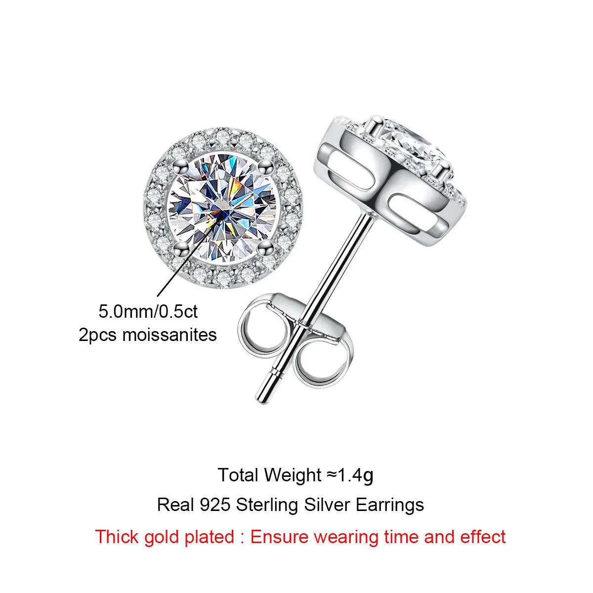 1cttw D Color Round Cut Moissanite Diamond  925 Sterling Silver Stud Earrings For Woman Jewelry Wholesale