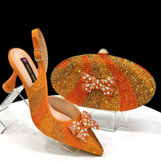 Orange Women Shoes And Bag Set Luxury African Ladies Sandals Pumps Match With Handbag Purse Clutch Escarpins Femme CR9601